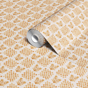 Picnic in the Flowers wallpaper by Studio Le Cocq in yellow, roll showing a small floral lattice