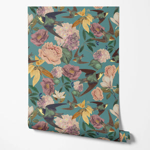 Swallows and Blooms Wallpaper