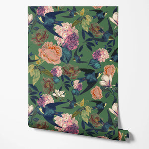 Swallows and Blooms Wallpaper