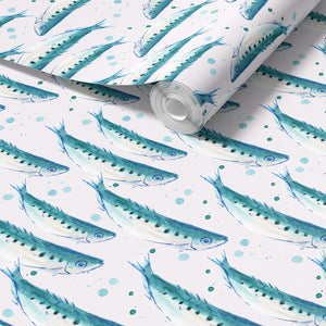 Swimming Sardines wallpaper by Seed Home Designs in grey, roll showing swimming sardines