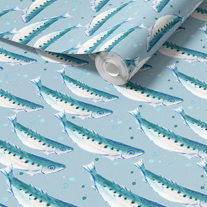 Swimming Sardines wallpaper by Seed Home Designs in blue, sample roll showing swimming sardines