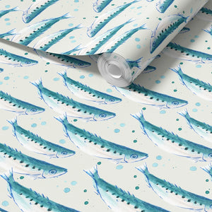 Swimming Sardines wallpaper by Seed Home Designs in white, roll showing swimming sardines