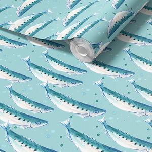 Swimming Sardines wallpaper by Seed Home Designs in turquoise, partly unrolled roll showing swimming sardines
