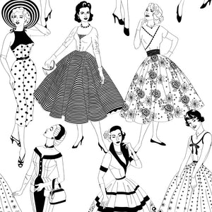 Vintage Dress wallpaper by Dupenny in black and white, full repeat of 1950s dresses