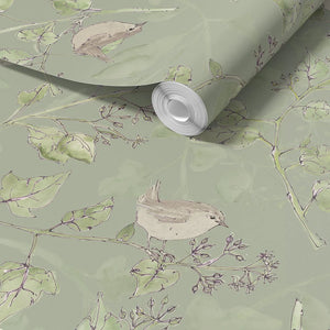 Wrens in Ivy Sustainable Wallpaper