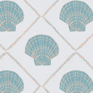 Aphrodite wallpaper by Annika Reed in blue, partly unrolled roll showing scallop shells