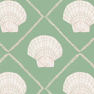 Aphrodite wallpaper by Annika Reed in green, close-up of scallop shells