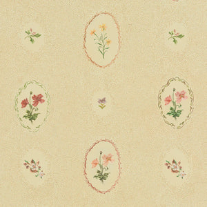 Bibury Sprig wallpaper by Parker and Jules in beige, pattern sample of flower sprigs in ovals