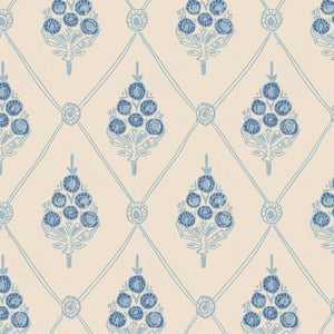 Agra wallpaper by Annika Reed in blue, flat sample of block-print flowers in a trellis