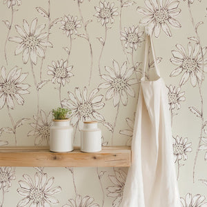 Caja Floral wallpaper by Seed Home Designs in white, line-drawn daisies in a bathroom