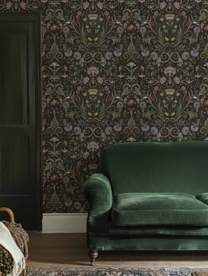 Victorian Bloom Wallpaper in Chocolate by Victoria Sanders, room setting