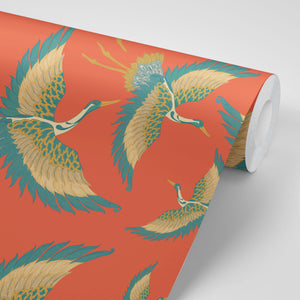 Pachamama vinyl wallpaper by Tatie Lou in coral, roll showing flying cranes