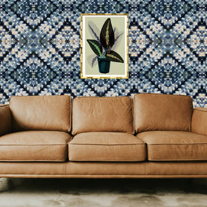 Indigo Itajime wallpaper by Tatie Lou in blue, itajime shibori folds in a living room