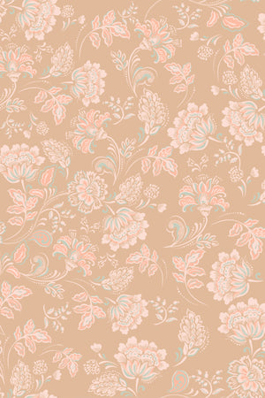 Amelie wallpaper by Curate Space in terracotta, full repeat of vintage chintz florals