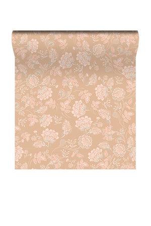 Amelie wallpaper by Curate Space in terracotta, rolled length showing vintage chintz florals