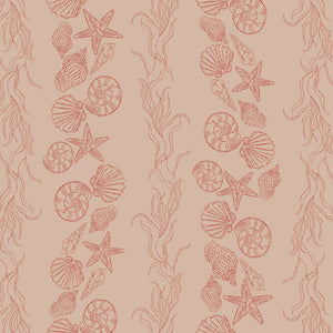 Bonnie wallpaper by Curate Space in red, full repeat of seashells and seaweed in a stripe