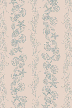 Bonnie wallpaper by Curate Space in teal, full repeat of seashells and seaweed in a stripe