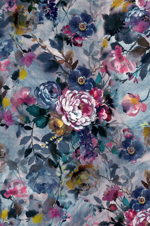 Bridie wallpaper by Curate Space in indigo, full repeat of oversized painterly blooms