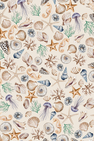 Charlotte Curate Space wallpaper in light cream, full repeat of hand-painted seashells and starfish