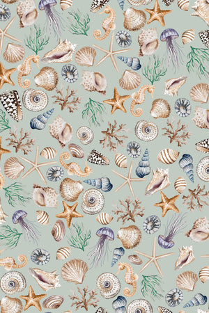 Charlotte Curate Space wallpaper in soft blue, full repeat of hand-painted seashells and starfish