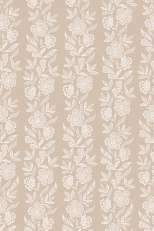 Dilys wallpaper by Curate Space in plaster beige, full repeat of a floral stripe