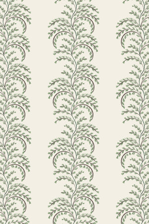 Edie wallpaper by Curate Space in soft green, full repeat of arching fern fronds in vertical columns