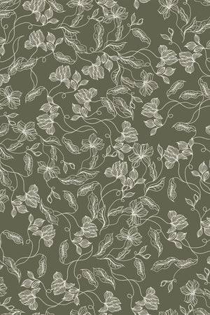 Elena wallpaper by Curate Space in dark green, full repeat of fine linear floral vines