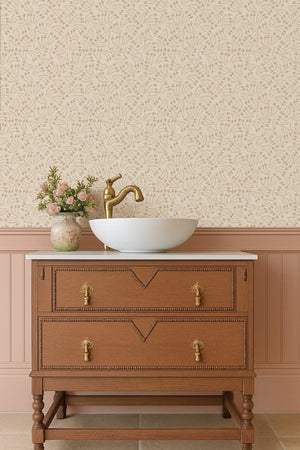 Elsie wallpaper by Curate Space in soft pebble grey, dried poppy head motifs in a room with a wooden vanity and a basin