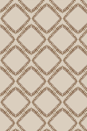 Florence wallpaper by Curate Space in rust orange, full repeat of a leaf-lined diamond lattice