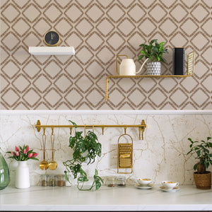 Florence wallpaper by Curate Space in rust orange, a leaf-lined diamond lattice in a kitchen with open shelves