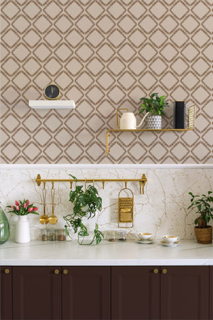 Florence wallpaper by Curate Space in rust orange, a leaf-lined diamond lattice in a kitchen with open shelves