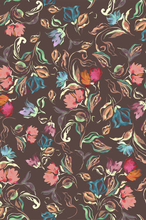 Freya wallpaper by Curate Space in brown, full repeat of loose painterly flowers and leaves