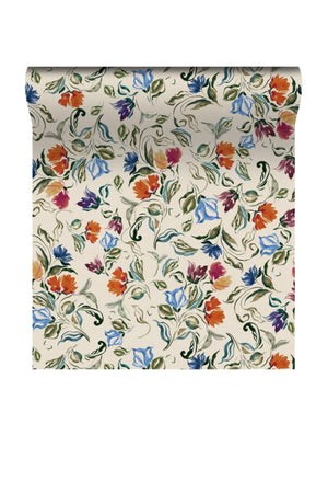 Freya wallpaper by Curate Space in off-white, rolled length showing loose painterly flowers and leaves