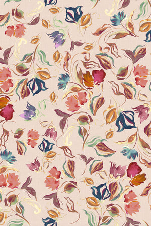 Freya wallpaper by Curate Space in soft pink, full repeat of loose painterly flowers and leaves