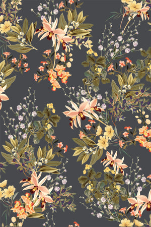 Iris wallpaper by Curate Space in midnight blue, full repeat of botanical blooms and foliage