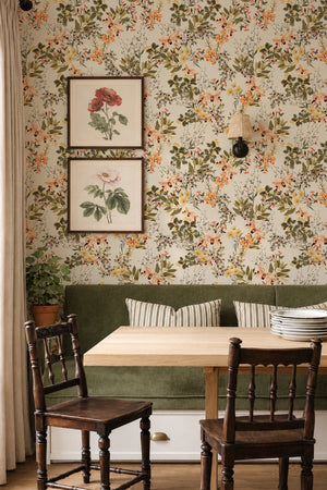 Iris wallpaper by Curate Space in off-white, botanical blooms and foliage in a kitchen dining nook with framed botanical prints