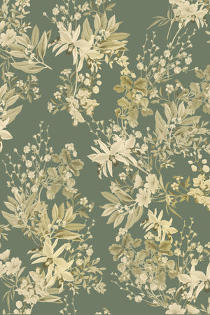 Iris wallpaper by Curate Space in soft green, full repeat of botanical blooms and foliage