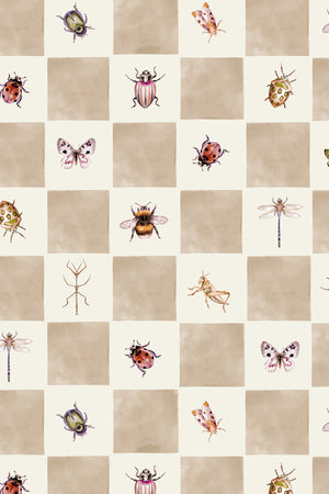 Jude wallpaper by Curate Space in beige, full repeat of insects on a soft check