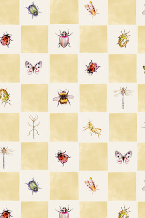 Jude wallpaper by Curate Space in butter yellow, full repeat of insects on a soft check