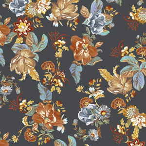 Lottie wallpaper by Curate Space in midnight blue, full repeat of oversized chintz-style florals