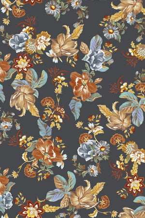 Lottie wallpaper by Curate Space in midnight blue, full repeat of oversized chintz-style florals