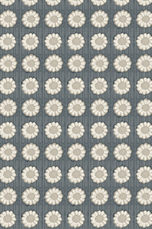 Mabel wallpaper by Curate Space in denim blue, full repeat of small rosette motifs