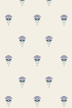 Madeline wallpaper by Curate Space in indigo, full repeat of fan-shaped floral motifs