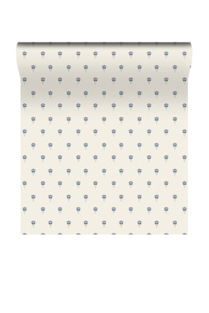 Madeline wallpaper by Curate Space in indigo, rolled length showing fan-shaped floral motifs