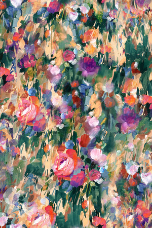 Margot wallpaper by Curate Space in green, full repeat of painterly roses and wildflowers