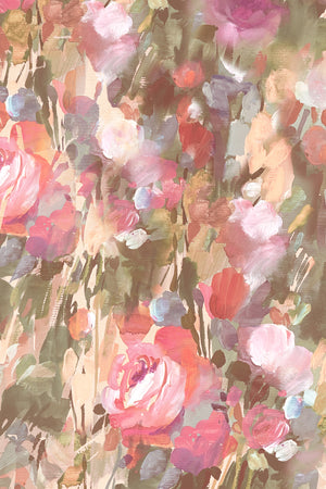 Margot wallpaper by Curate Space in pastel pink and sage green, close-up of painterly roses and wildflowers