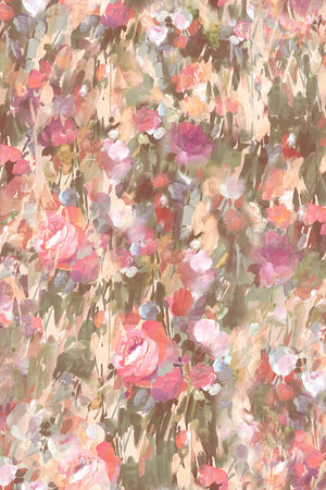 Margot wallpaper by Curate Space in pastel pink and sage green, full repeat of painterly roses and wildflowers