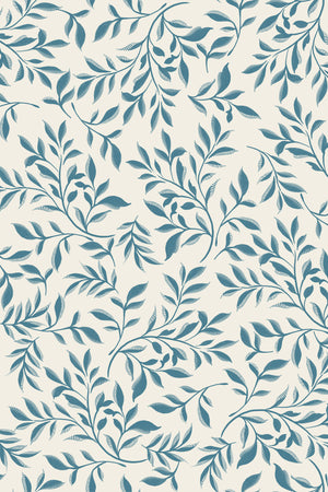 Marni wallpaper by Curate Space in teal, full repeat of sweeping leafy vines