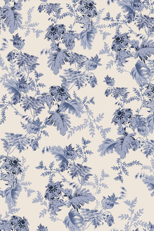 Mina wallpaper by Curate Space in light blue, full repeat of dramatic layered florals and foliage
