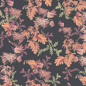 Mina wallpaper by Curate Space in midnight blue, full repeat of dramatic layered florals and foliage